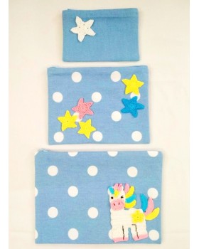 Happy Threads Cotton Storage Pouch with Hand Made Crochet Unicorn & Stars (Dark Blue) Comes in Set of 3